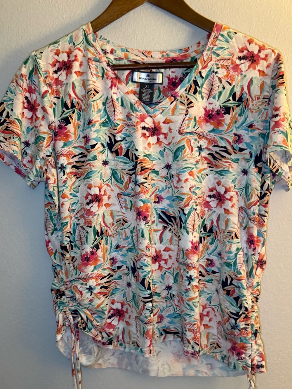 Floral V-Neck Short Sleeve Top with Side Drawstrings - White Multi